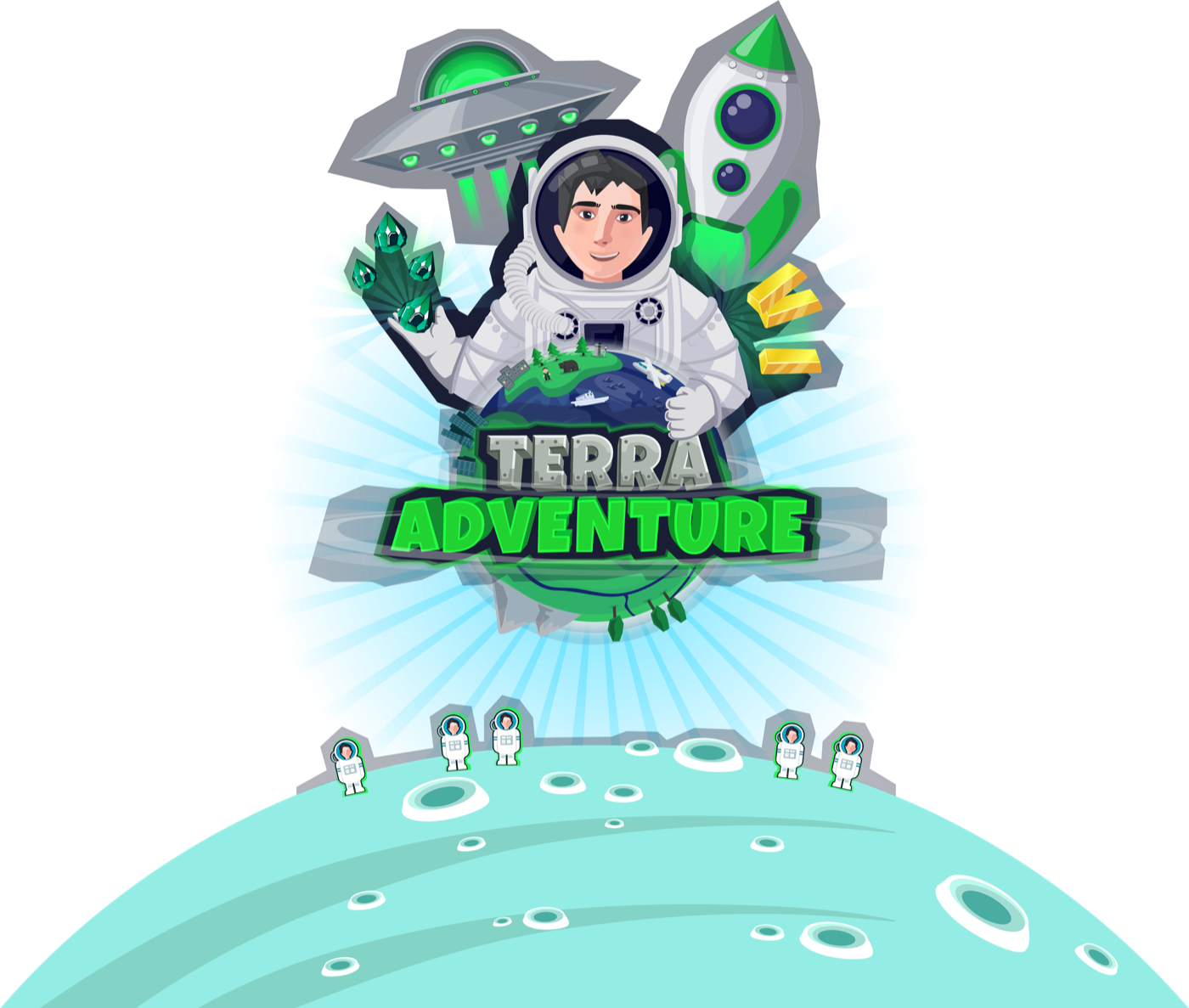 Terra Adventure logo with an astronaut, a rocket and a flying saucer above a planet